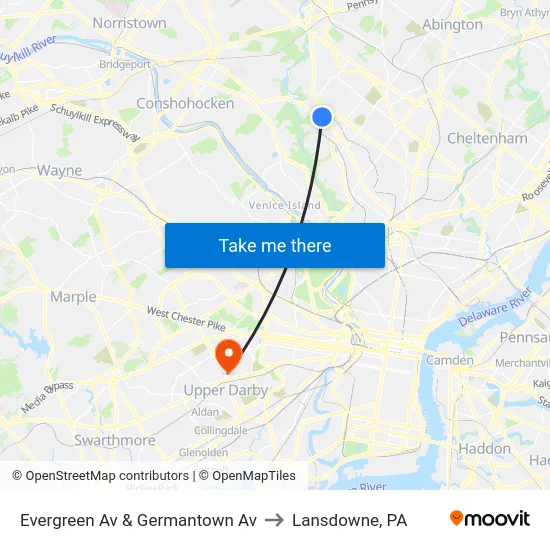 Evergreen Av & Germantown Av to Lansdowne, PA map