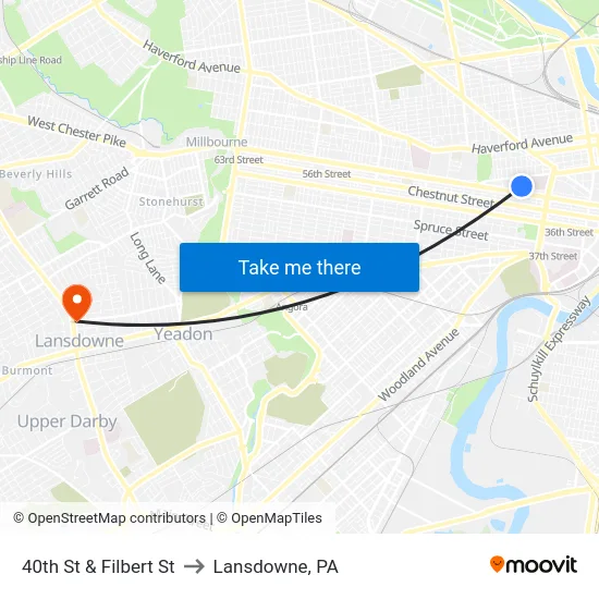 40th St & Filbert St to Lansdowne, PA map