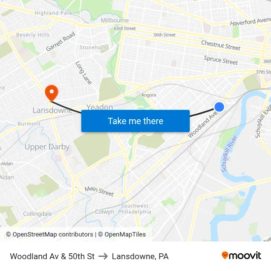 Woodland Av & 50th St to Lansdowne, PA map