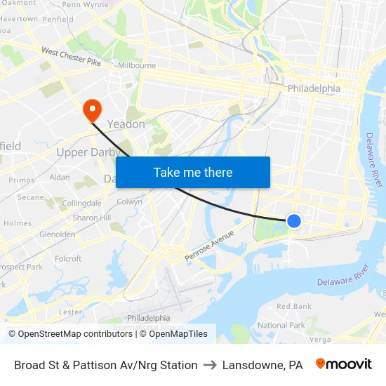 Broad St & Pattison Av/Nrg Station to Lansdowne, PA map