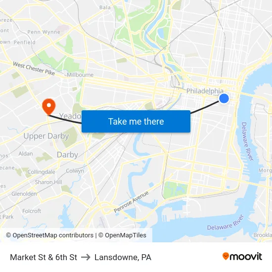Market St & 6th St to Lansdowne, PA map