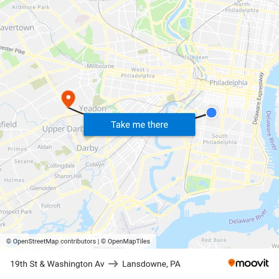 19th St & Washington Av to Lansdowne, PA map