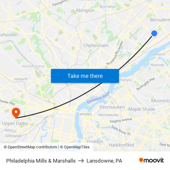 Philadelphia Mills & Marshalls to Lansdowne, PA map