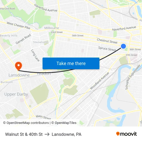 Walnut St & 40th St to Lansdowne, PA map