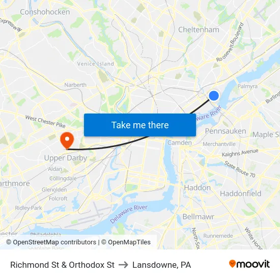 Richmond St & Orthodox St to Lansdowne, PA map