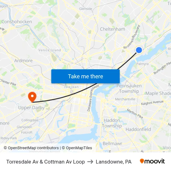 Torresdale Av & Cottman Av Loop to Lansdowne, PA map