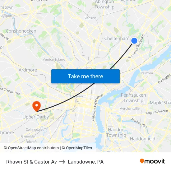Rhawn St & Castor Av to Lansdowne, PA map
