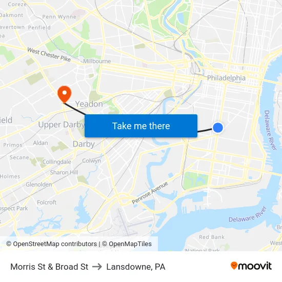 Morris St & Broad St to Lansdowne, PA map