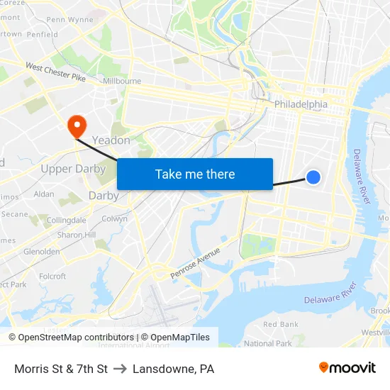 Morris St & 7th St to Lansdowne, PA map