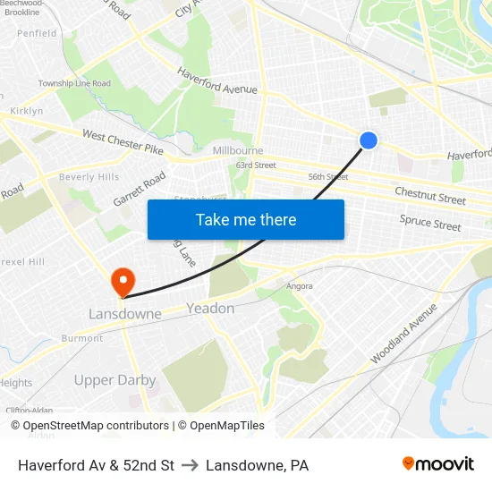Haverford Av & 52nd St to Lansdowne, PA map