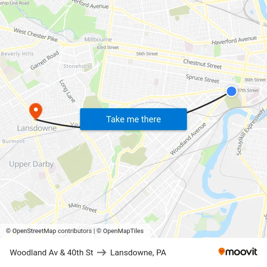Woodland Av & 40th St to Lansdowne, PA map