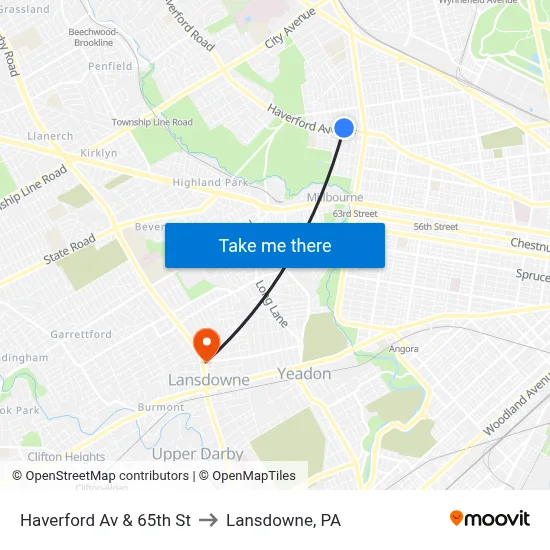 Haverford Av & 65th St to Lansdowne, PA map