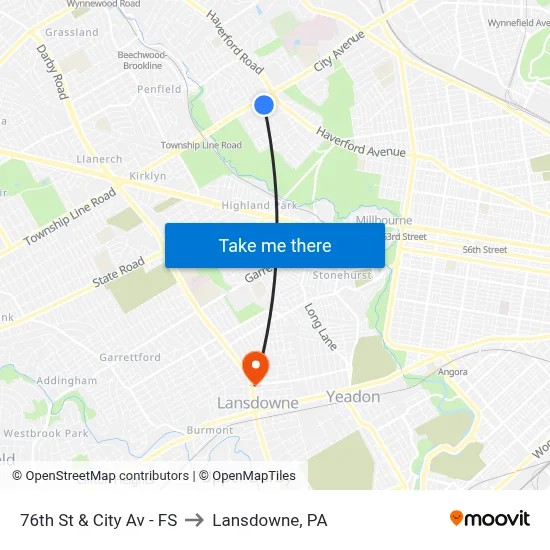 76th St & City Av - FS to Lansdowne, PA map