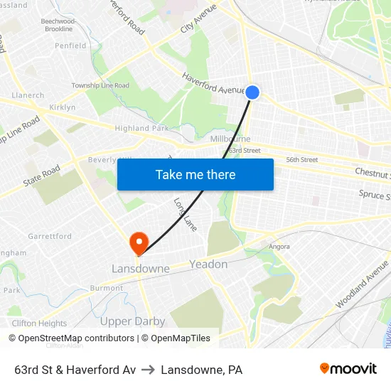 63rd St & Haverford Av to Lansdowne, PA map