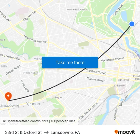 33rd St & Oxford St to Lansdowne, PA map