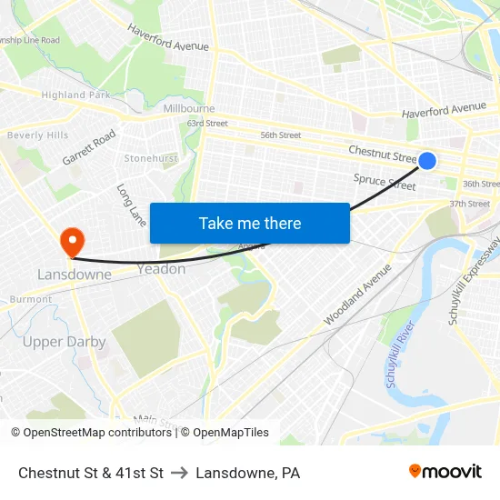 Chestnut St & 41st St to Lansdowne, PA map