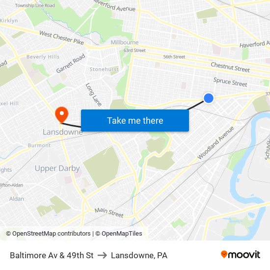 Baltimore Av & 49th St to Lansdowne, PA map