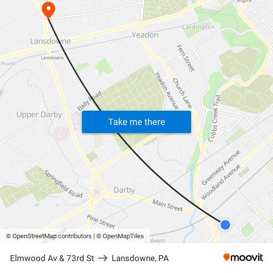 Elmwood Av & 73rd St to Lansdowne, PA map