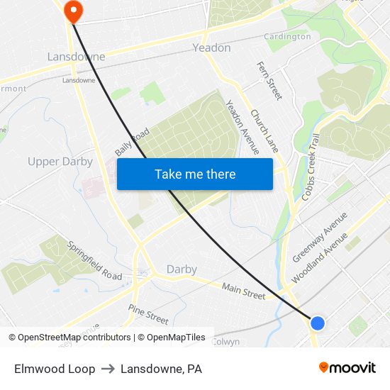 Elmwood Loop to Lansdowne, PA map