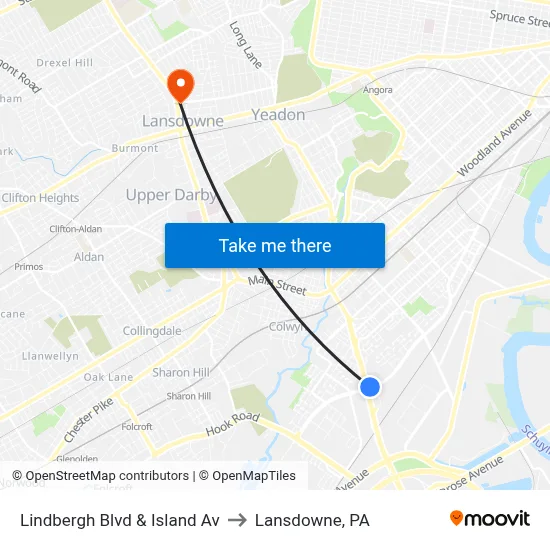 Lindbergh Blvd & Island Av to Lansdowne, PA map