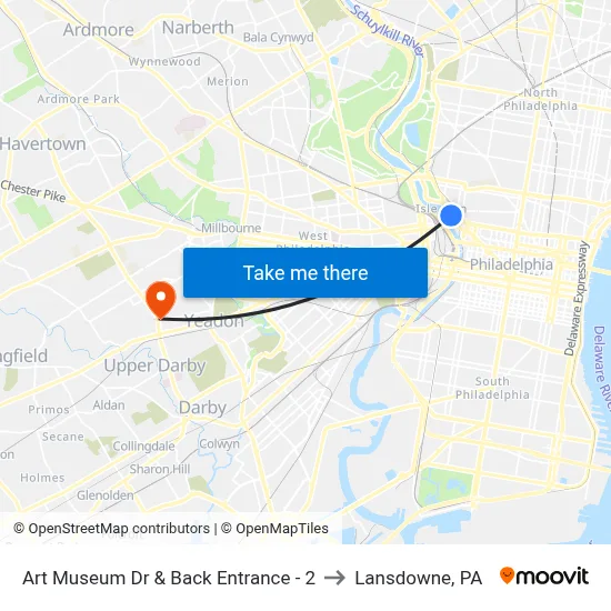 Art Museum Dr  & Back Entrance - 2 to Lansdowne, PA map