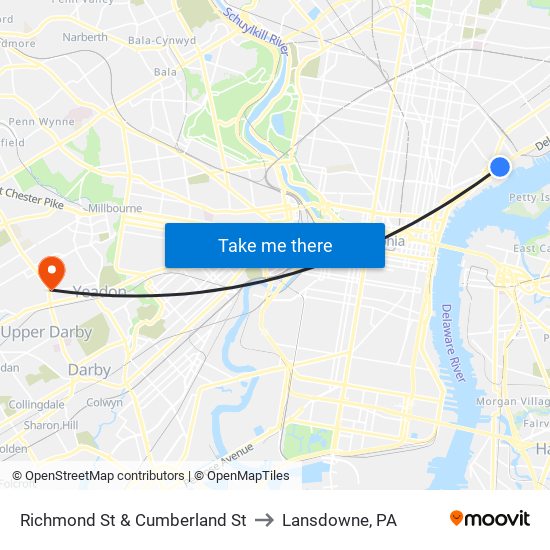 Richmond St & Cumberland St to Lansdowne, PA map