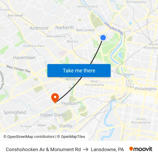 Conshohocken Av & Monument Rd to Lansdowne, PA map