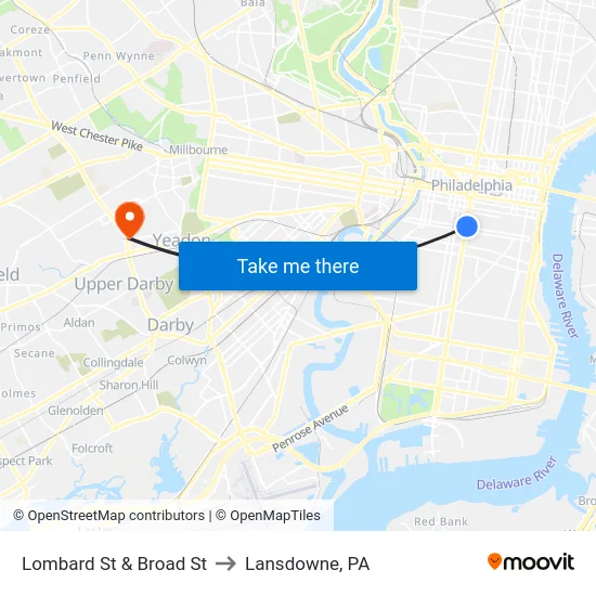 Lombard St & Broad St to Lansdowne, PA map