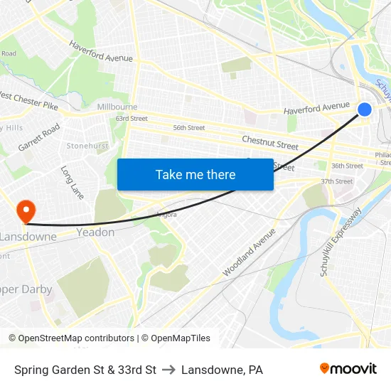 Spring Garden St & 33rd St to Lansdowne, PA map