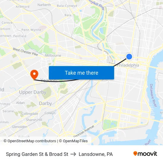 Spring Garden St & Broad St to Lansdowne, PA map