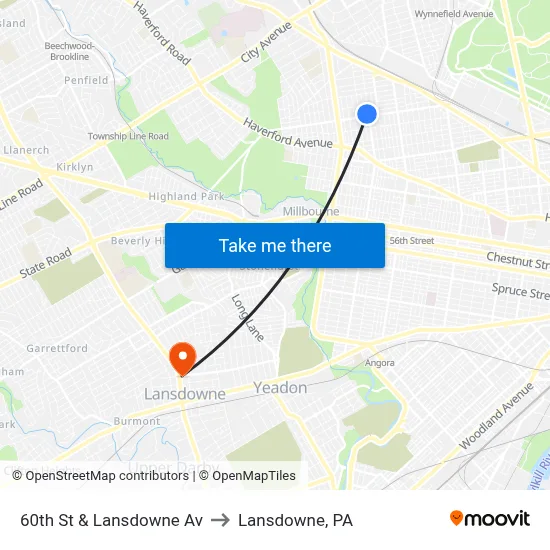60th St & Lansdowne Av to Lansdowne, PA map