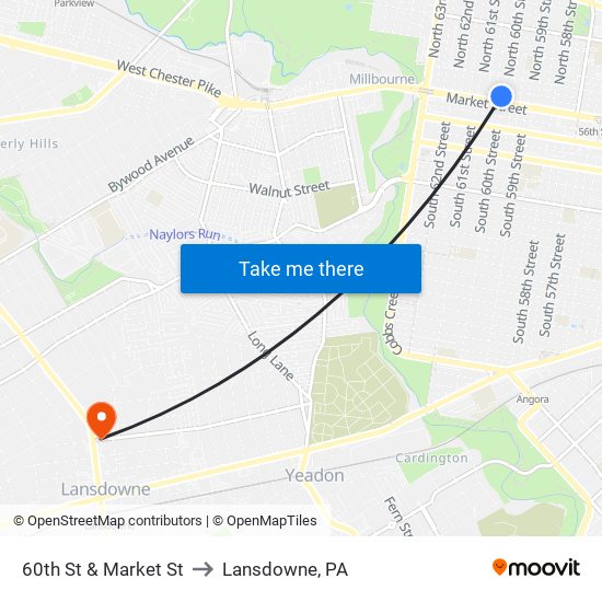 60th St & Market St to Lansdowne, PA map