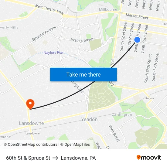 60th St & Spruce St to Lansdowne, PA map