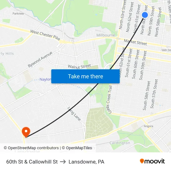 60th St & Callowhill St to Lansdowne, PA map