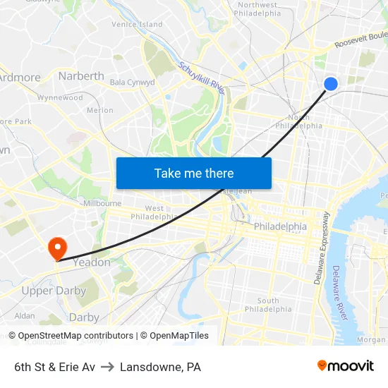 6th St & Erie Av to Lansdowne, PA map