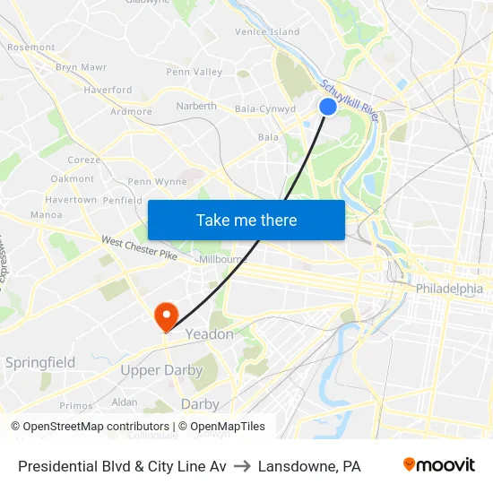 Presidential Blvd & City Line Av to Lansdowne, PA map