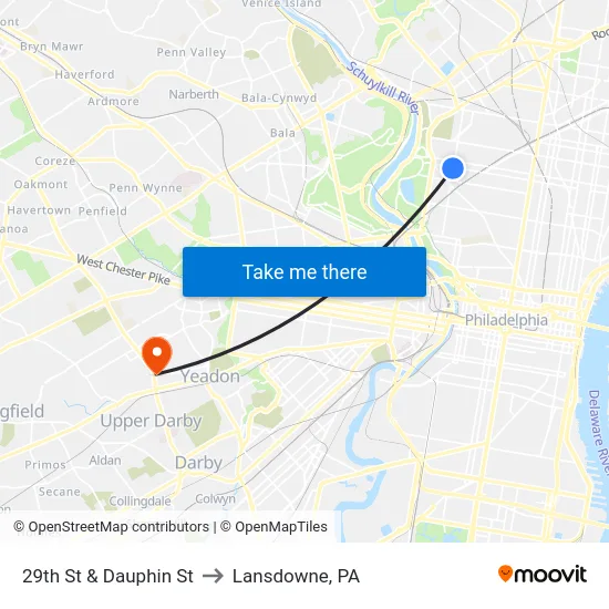 29th St & Dauphin St to Lansdowne, PA map