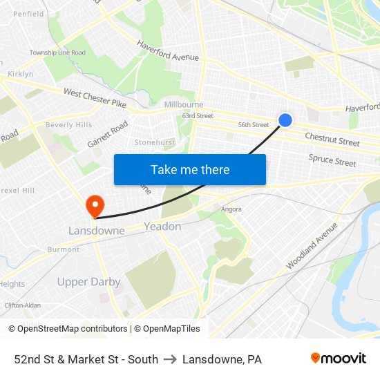 52nd St & Market St - South to Lansdowne, PA map