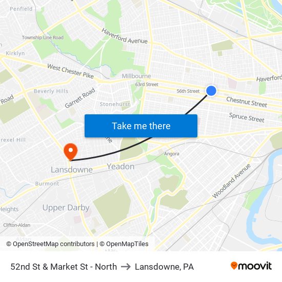 52nd St & Market St - North to Lansdowne, PA map