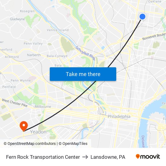 Fern Rock Transportation Center to Lansdowne, PA map