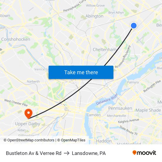 Bustleton Av & Verree Rd to Lansdowne, PA map