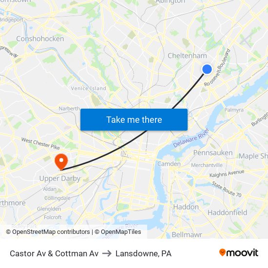 Castor Av & Cottman Av to Lansdowne, PA map