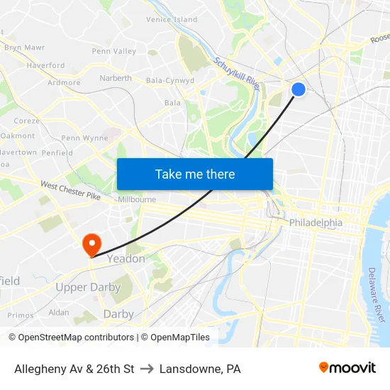 Allegheny Av & 26th St to Lansdowne, PA map