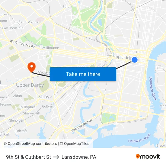 9th St & Cuthbert St to Lansdowne, PA map