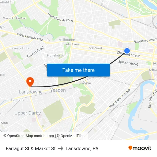 Farragut St & Market St to Lansdowne, PA map