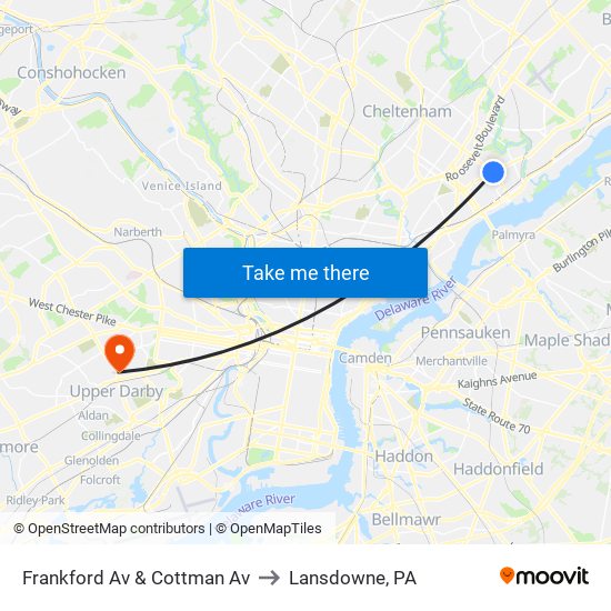 Frankford Av & Cottman Av to Lansdowne, PA map
