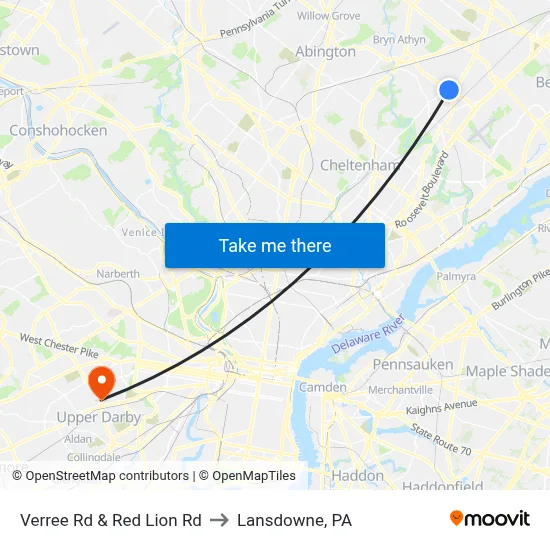Verree Rd & Red Lion Rd to Lansdowne, PA map