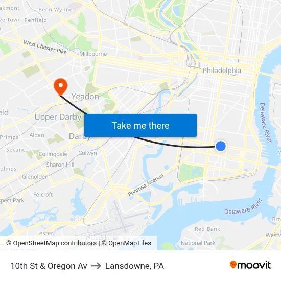 10th St & Oregon Av to Lansdowne, PA map