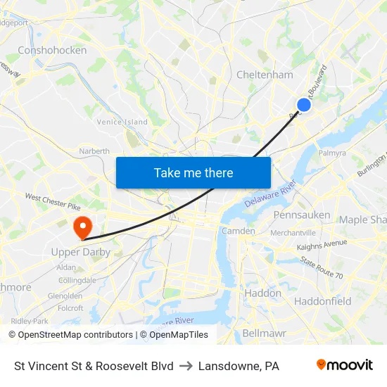 St Vincent St & Roosevelt Blvd to Lansdowne, PA map
