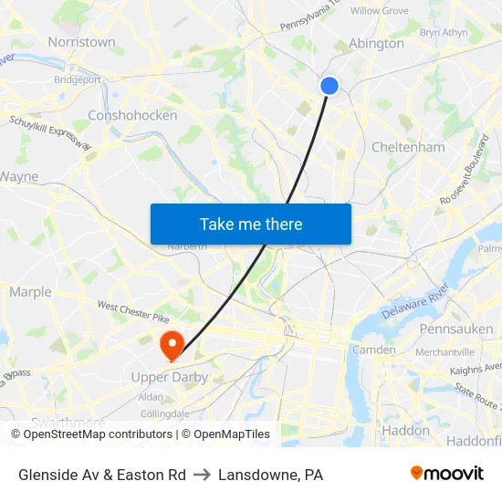 Glenside Av & Easton Rd to Lansdowne, PA map